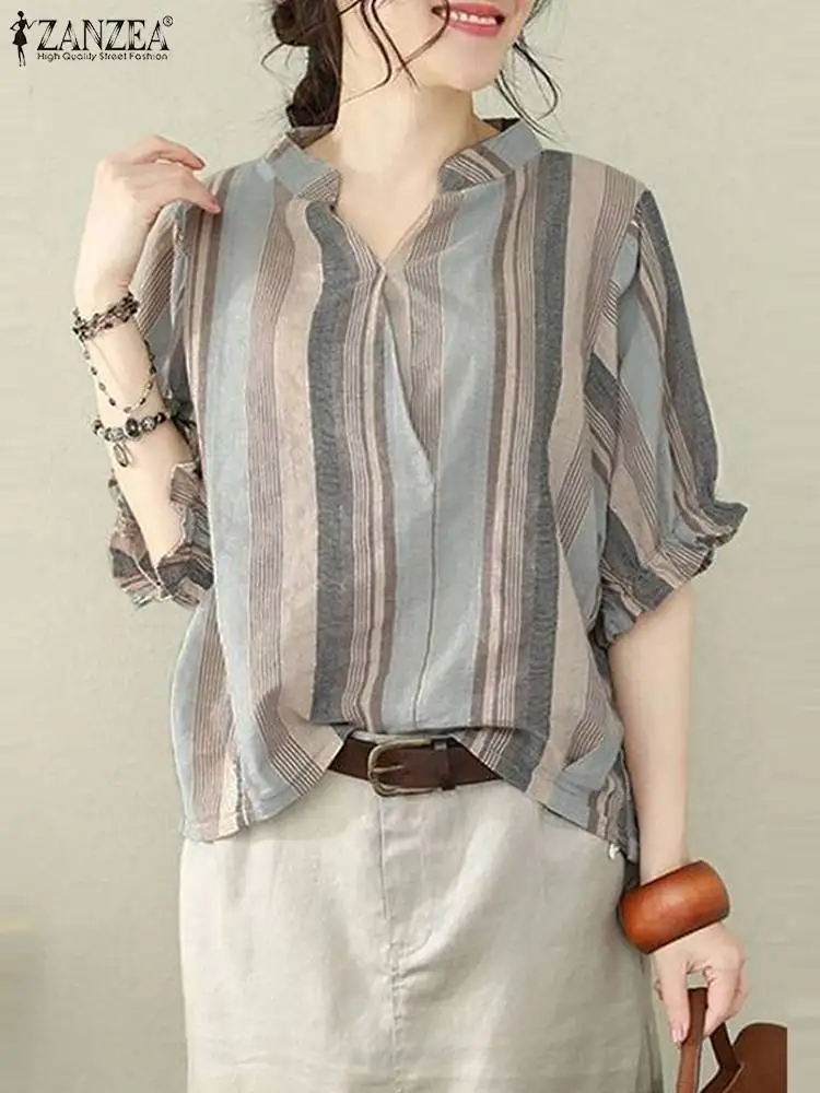

ZANZEA Fashion Summer Casual Holiday Shirt V Neck Half Sleeve Blouse Women Elegant Striped Tops Vintage Loose Female Blusa Mujer