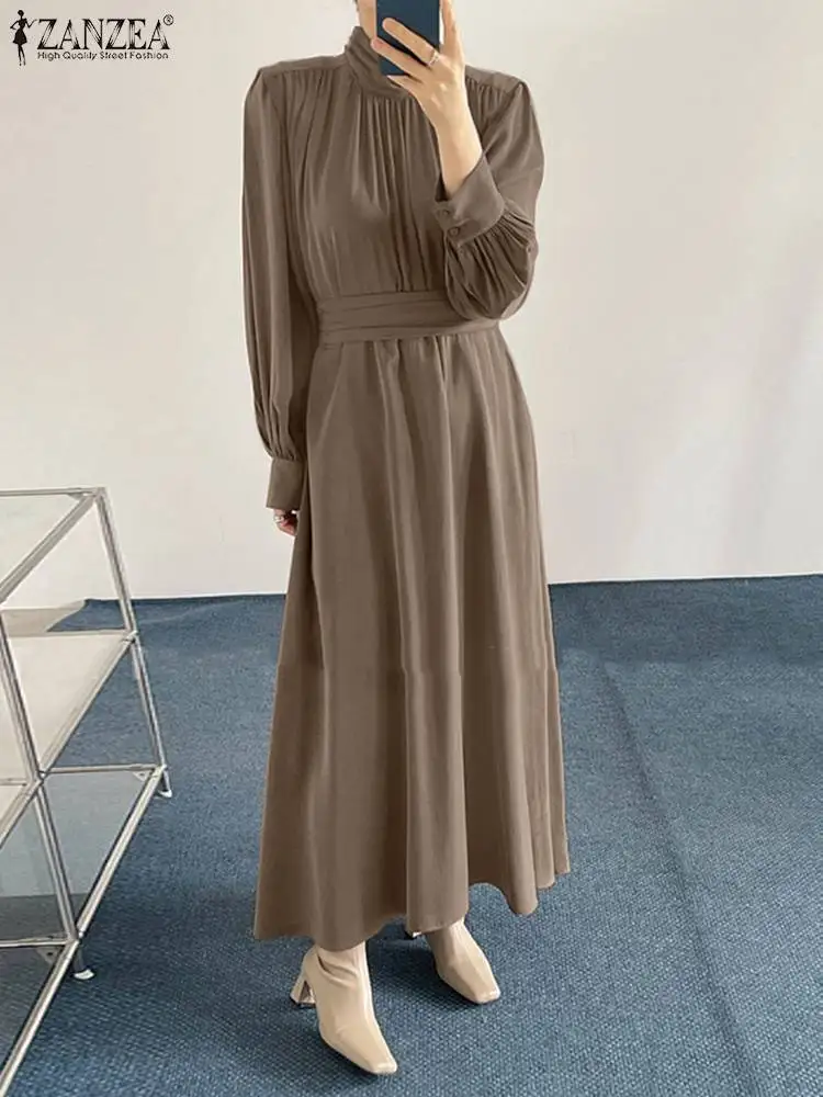 

2022 ZANZEA Elegant Sundress Fashion Women Autumn Solid Maxi Dress Casual Robe Femme Turtleneck Long Sleeve Party Long Vestidos