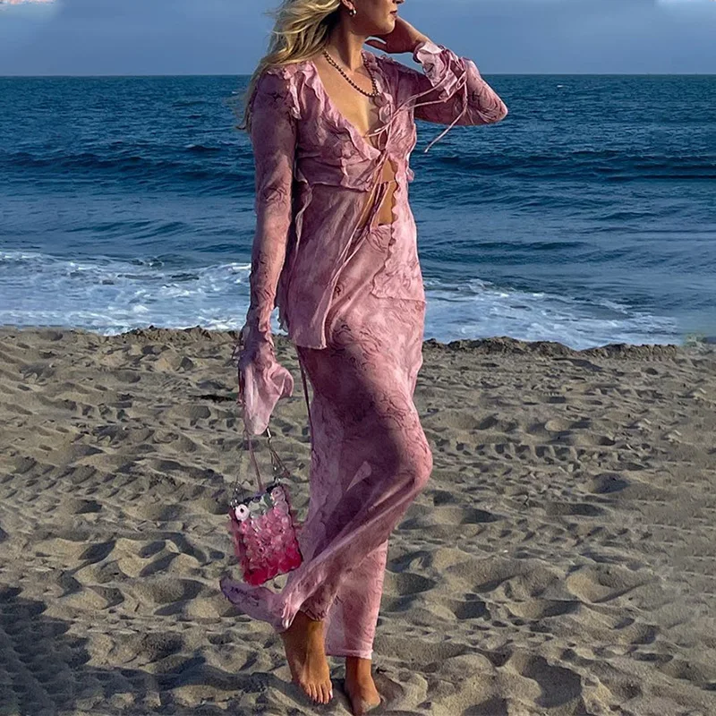 APIPEE Принт Зеленый Y2K Сетчатый топ с длинными рукавами Рубашки Зеленая и