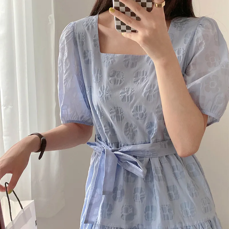 

All Season Spring Summer Lovely Casual For Women's Short Sleeved A-Line Dress Print Flower Soft Bandage Sweet Girl Long Skirt