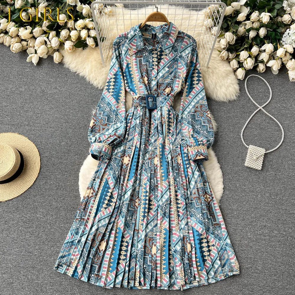 

J GIRLS Aibeautyer, новинка, винтажное демисезонное платье с цветочным принтом, Стройное, на пуговицах, женское шифоновое однобортное платье трапец...