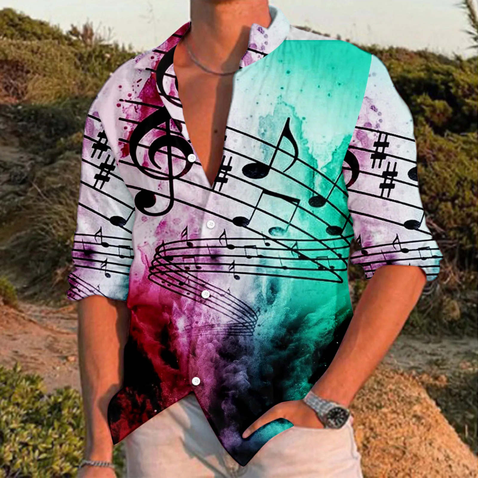 

Рубашка мужская с длинным рукавом, модная Гавайская одежда с музыкальным принтом, Харадзюку, топ, осень 2022