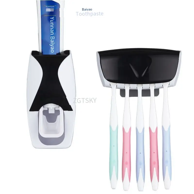 

Toothbrush Holder Automatic Toothpaste Dispenser Set Dustproof Sticky Suction Wall Mounted Toothpaste Squeezer for Bathroom