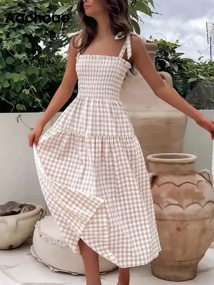

Aachoae Ladies Casual Plaid Printed Midi Dresses Fashion Spaghetti Strap A Line Dresses Women Summer Party Dresses Robe Femme