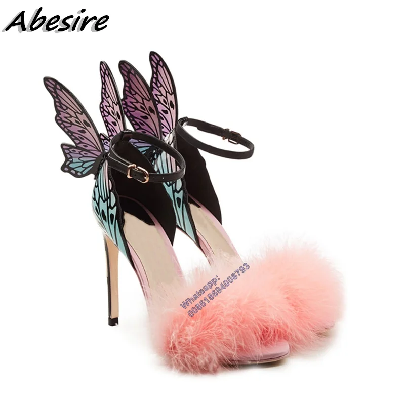 Abesire صنادل الفراشة الوردي الفراء ديكور مختلط اللون مشبك أحذية عالية الكعب الصيف للنساء موضة خنجر zapatos mujer