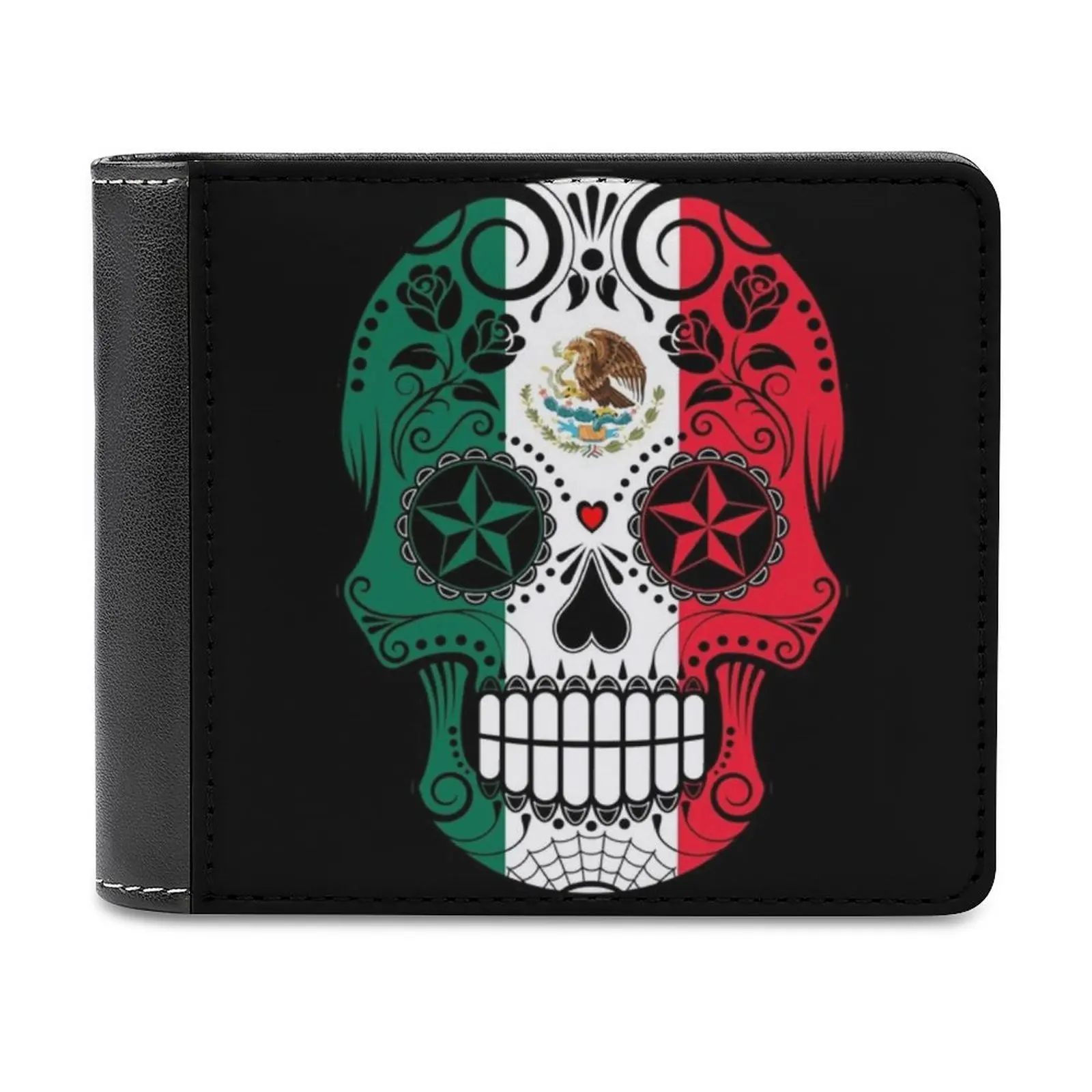 

Sugar Skull With Roses And Flag Of Mexico Leather Wallet Men's Wallet Purse Money Clips Sugar Skull Skull Day Of The Dead