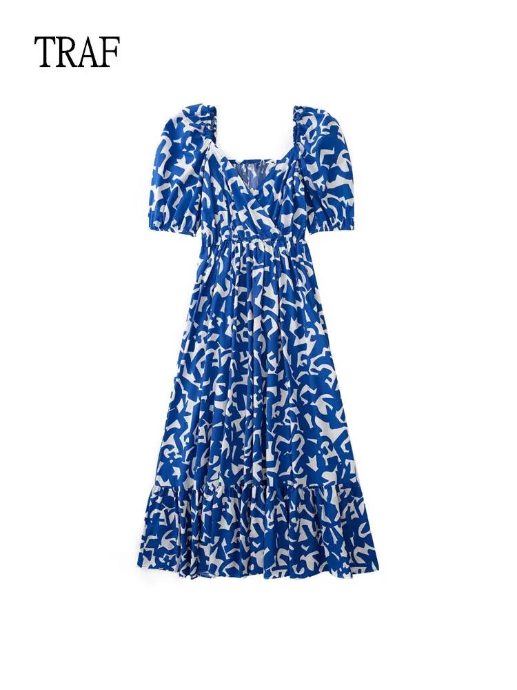 

Платье женское летнее средней длины с V-образным вырезом и рюшами