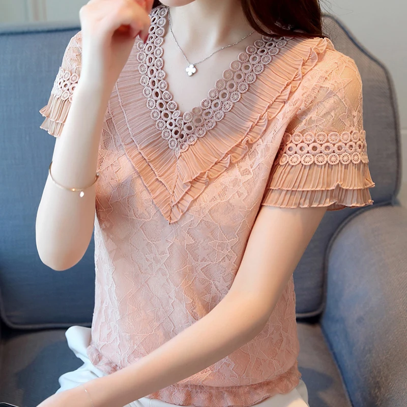 

XIAOMI Summer Women Blouse Shirt Short Sleeve Ruffles V-Neck Lace Blouse Women Tops Women Blusas Mujer De Moda Blouses Femme F31