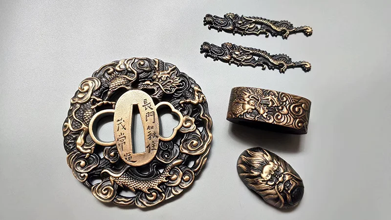 Фото Полный винтажный медный латунный набор аксессуаров Tsuka Tsuba Fushi Kashira Menuki для японского самурая Катана Меч №2