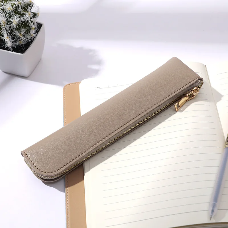 

Zipper Pencil Pouch Stationery Fountain Pen Holder Simple Pen Sleeve PU Leather Mini Small Pen Bag Case Student School Supplies