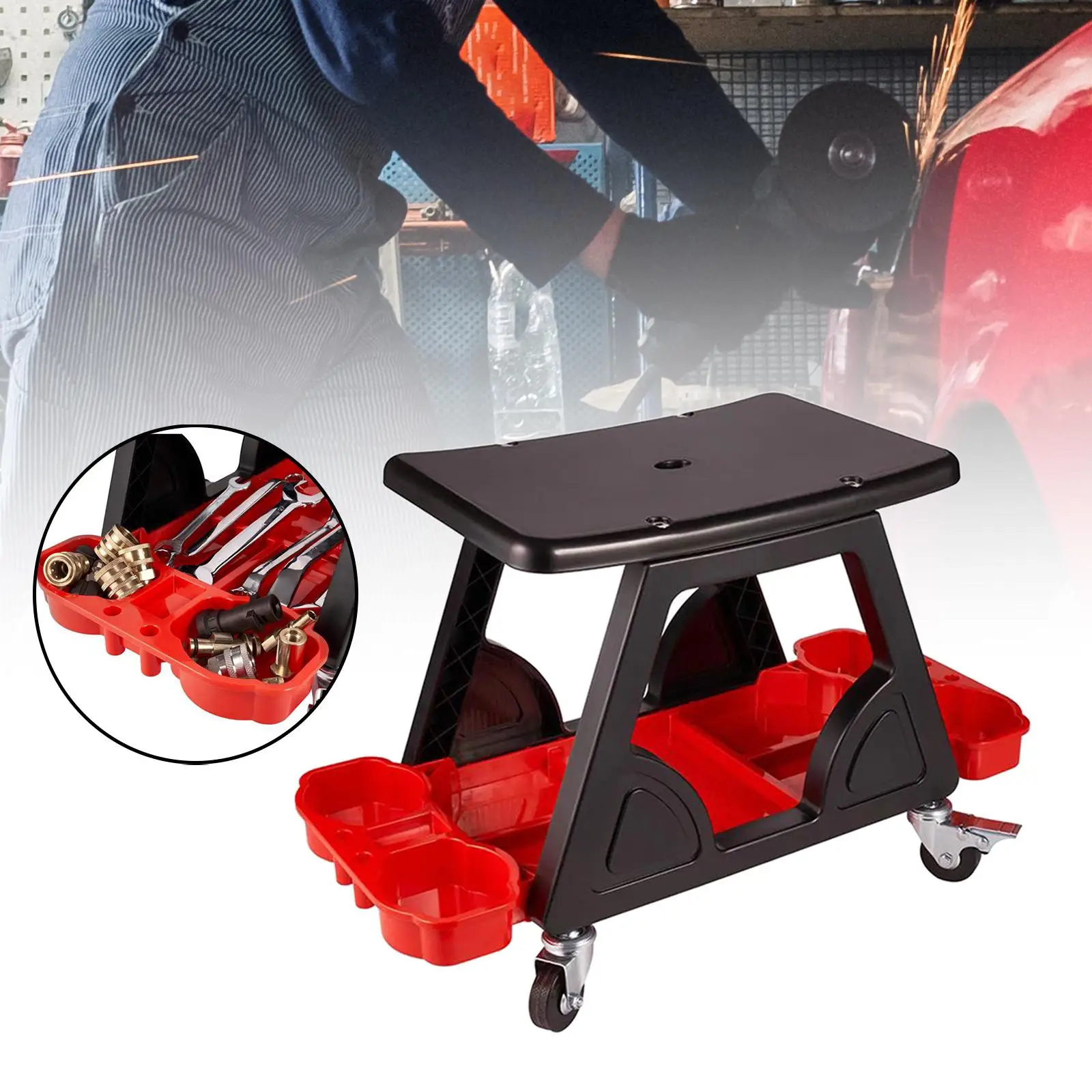 Garage Shop Stool Creeper Car Cleaning with Storage Tray Holder Roller Seat