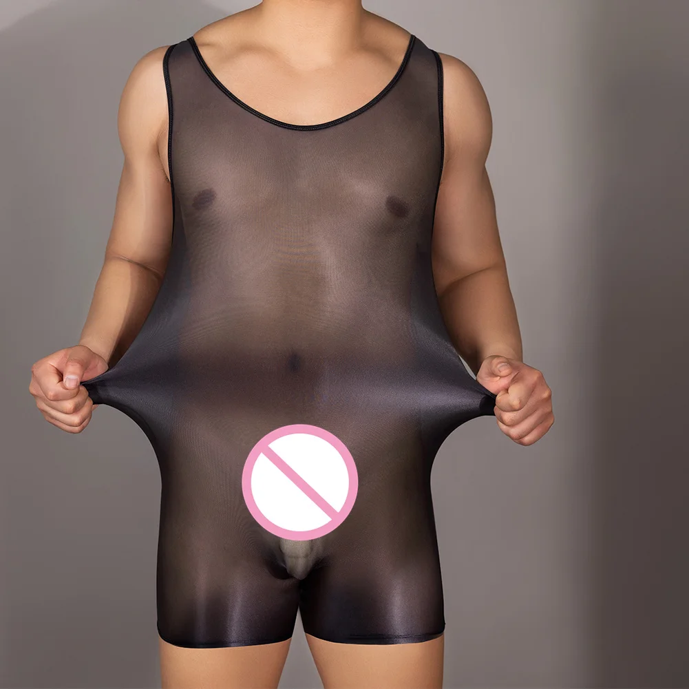 

Mens Oil Shiny Glossy Bodysuit High Elastic Jumpsuit Sexy Sheer See Through Sleeveless Lingerie Bodycon Slim Fitness Underwear