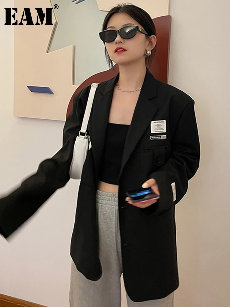 

[EAM] Women Black Printed Big Size Casual Blazer New Lapel Long Sleeve Loose Fit Jacket Fashion Tide Spring Autumn 2022 1DE1409