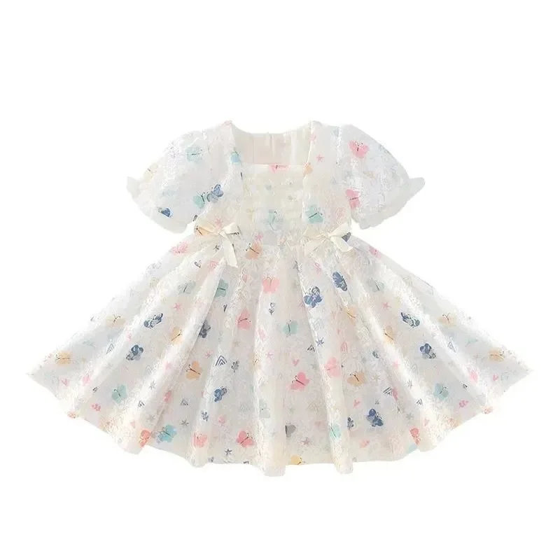 

Summer Cute Baby Girls Dress Flower Butterfly Lace Dress Puff Sleeves A -line Dress Holiday Party Infant Princess Dress