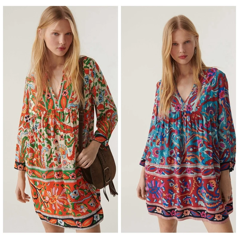 2023 Romantic Ethnic Style Printed V-neck Cropped Sleeve Loose Dress