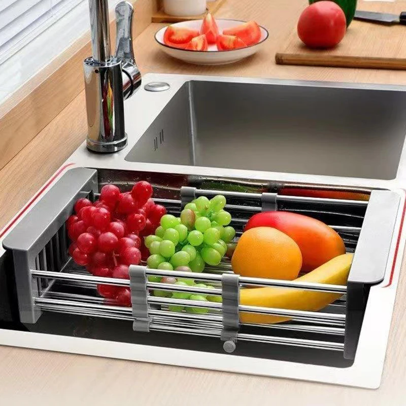 

Sink Vegetable Kitchen Dish Organizer Rack Washing Steel Adjustable Sink Fruit Sink Drainer Stainless Holder Telescopic Rack