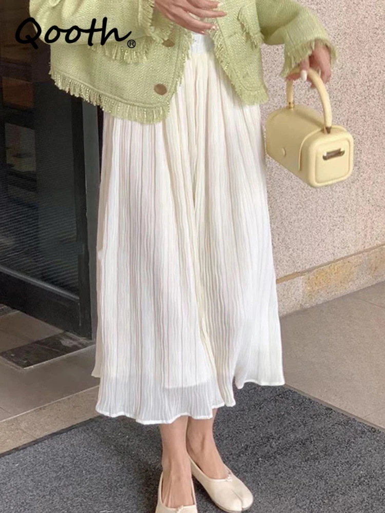 

Женская шифоновая плиссированная юбка Qooth на весну и лето, элегантная однотонная длинная трапециевидная юбка средней длины с высокой талией, QT2041