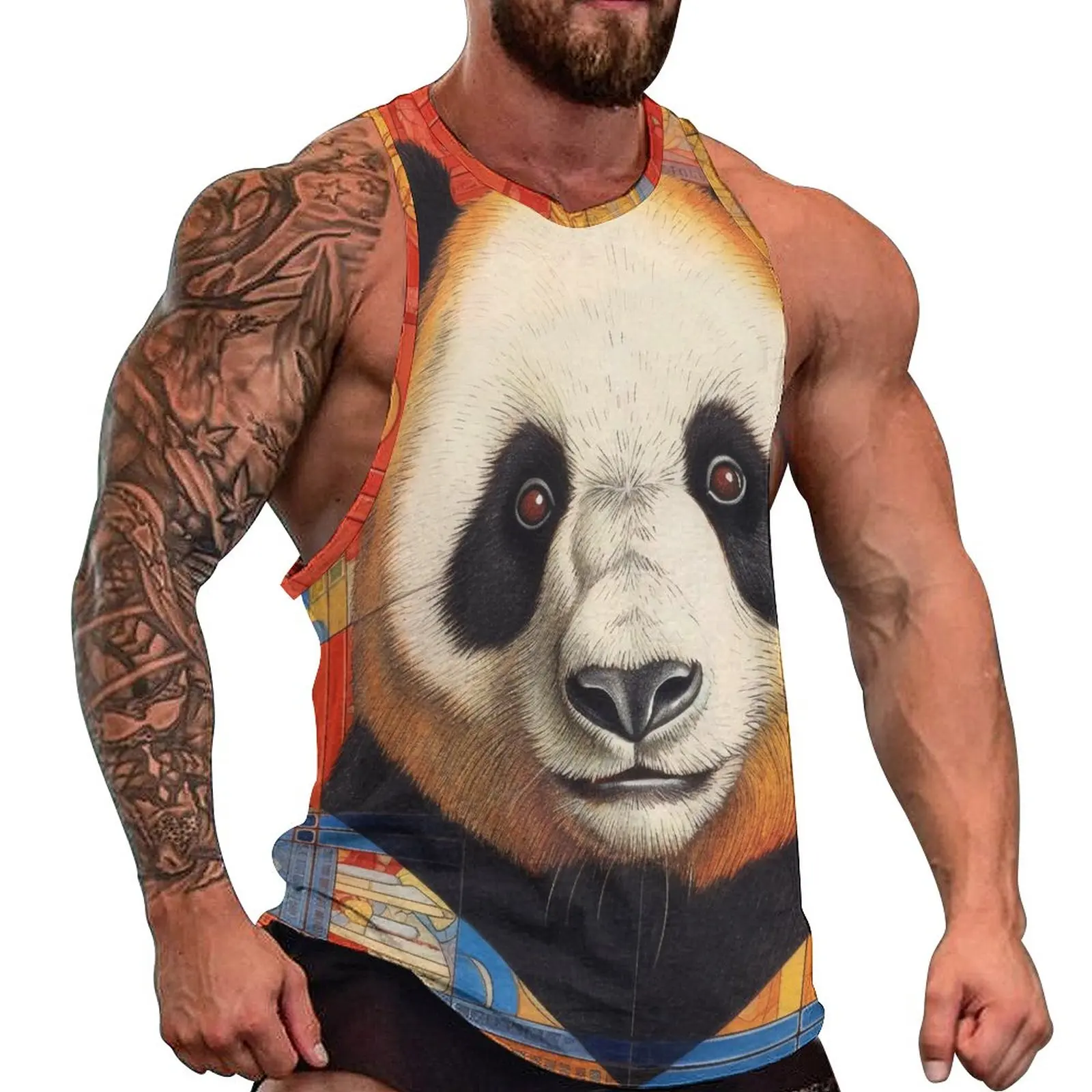 

Panda Tank Top Man's Pencil Art Colored Cartoon Streetwear Tops Summer Gym Printed Sleeveless Vests Big Size