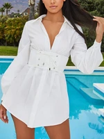 white pleated with belted shirt dress women 2022 office lady mini dresses casual womens tops turn down collar autumn tunic