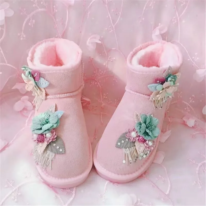 

Теплые зимние ботинки с цветочной бахромой, с бархатной подкладкой, ручная работа, меховые ботинки на заказ, женские ботинки больших размеров 35-44