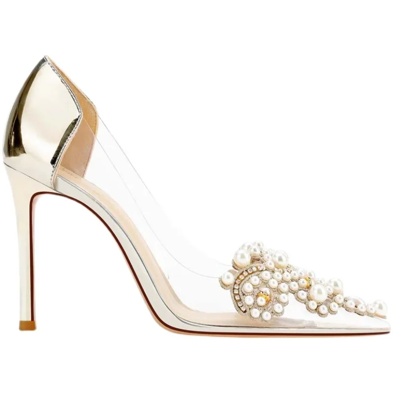 Crystal Pearl Embroidery Flower PVC Wedding Pumps Transaprent Patchwork Thin Heels Shoes Pointed Toe Shiny Silver Gold High Heel
