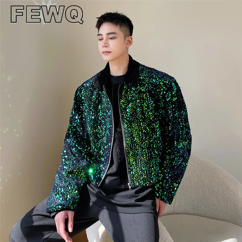 

Мужская короткая куртка с блестками FEWQ, зеленая повседневная куртка составного кроя на молнии с цветными блоками, Новинка осени 2023
