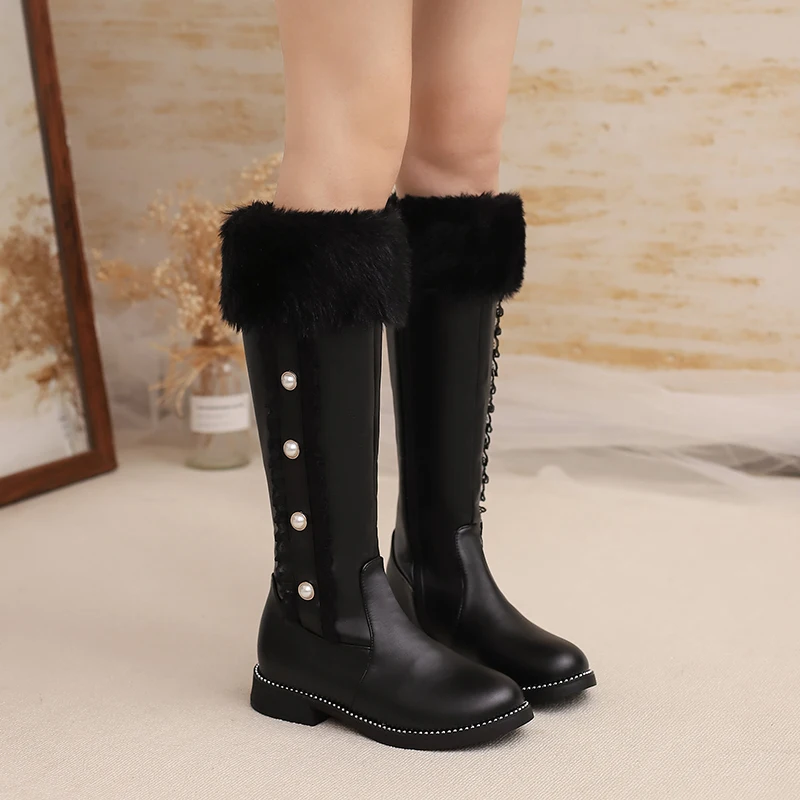 Зимние теплые сапоги до колена из искусственной кожи с меховыми вставками для