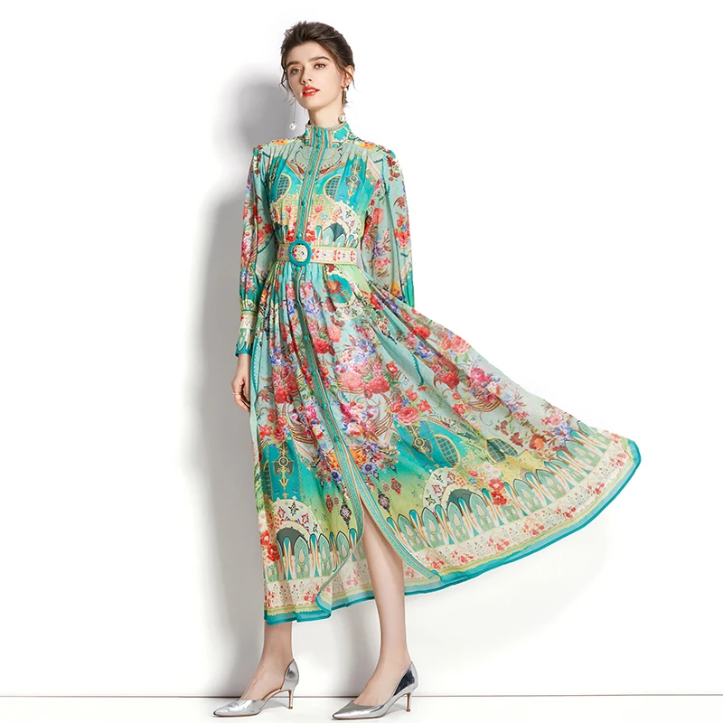 

SuperAen Original Design 2022 Autumn Stand Retro Printing A-LINE Casual Ankle-Length Dresses for Women