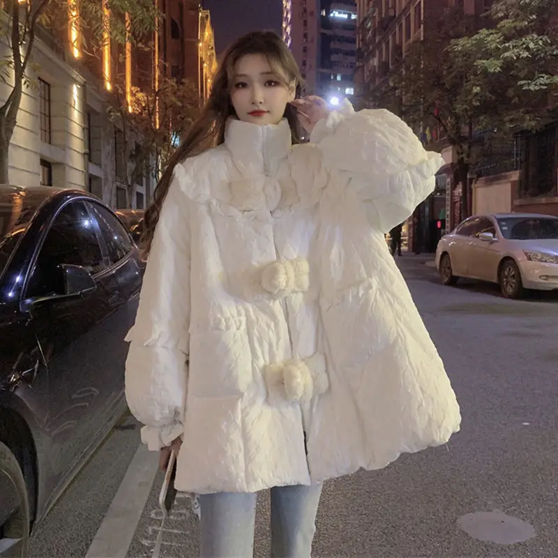 Fashion Parkas Disc Buckle Thick Padded Jacket Super Hot Winter Women's Coat Loose White Down Cotton Coat New Cheap Wholesale