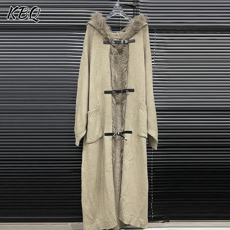 KBQ однотонный лоскутный вязаный свитер с перьями для женщин однобортный длинный
