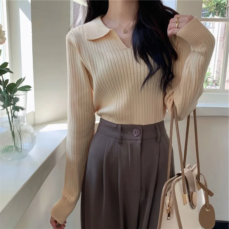 

Vintage POLO Neck Top Casual Apricot Knit Women Fashion V-neck Long Sleeve Sweater Sweaters Blusa De Frio Feminina Mujer Clothes