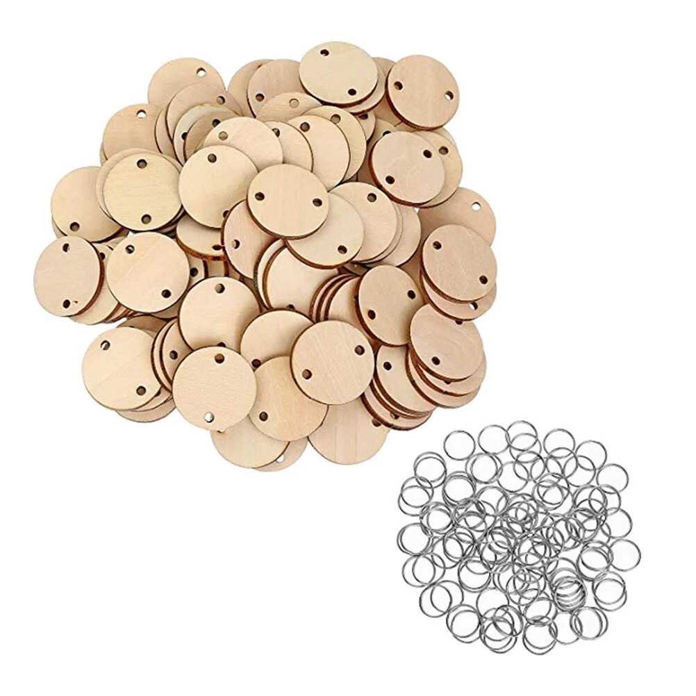 

100 Pcs Round Labels Wood Chips Iron Rings Calendar Tag Reminder Record Wooden Plate