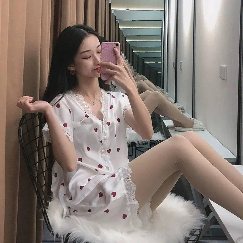 

Lace Women Pajamas Sets Heart Print Korean Sleepwear Pijama V-neck Loungewear Two Piece Shorts Sets Night Wear Home Suit Clothes