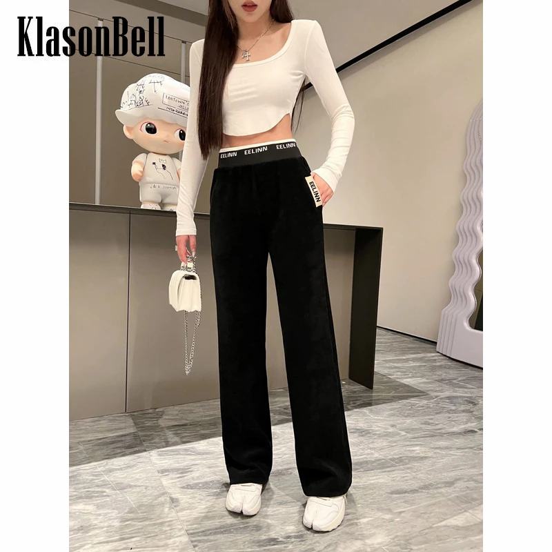 12.7 KlasonBell Pocket Design Letter Decoration Corduroy Casual Black Straight Pants Women