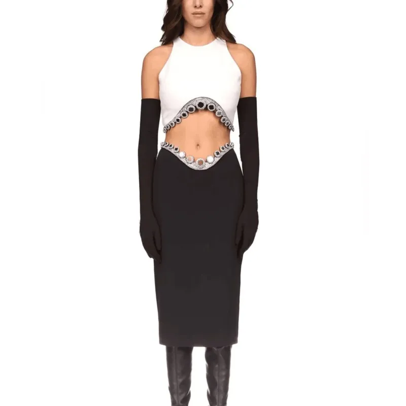 

Женский облегающий комплект из 3 предметов, черная или белая сексуальная перчатка до колена без рукавов и полуюбка, лето 2023