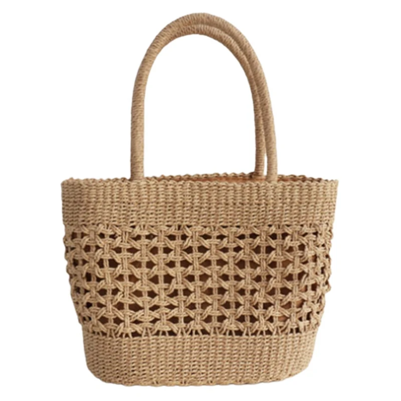 

NEW-Handmade Women Handbag Hollow Out Straw Bag Bohemia Summer Woven Beach Bags Shopper Purse Female Knitted Tote Bag Khaki
