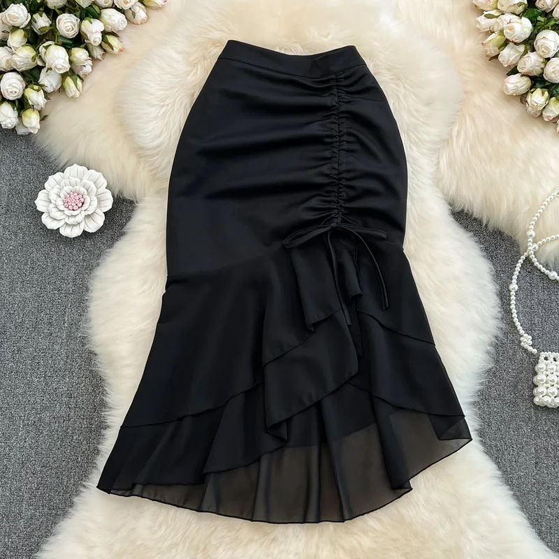 

Nomikuma Skirts Womens 2022 Summer High Waist Ruffles Hem Drawstring Slim Bodycon Jupe Femme Vintage Elegant Vetement Femme