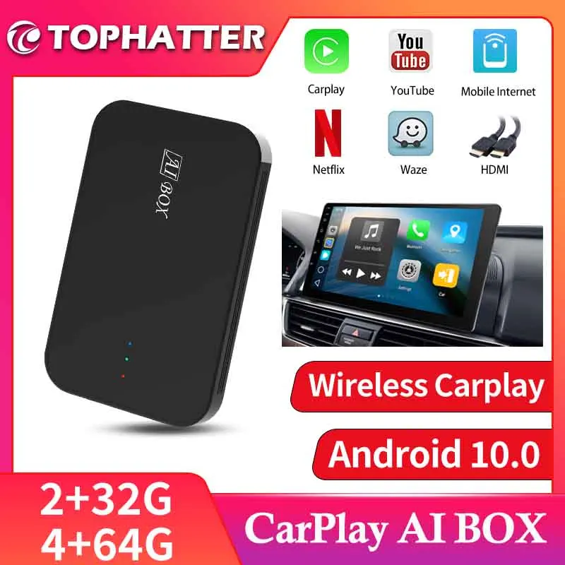 TOPHATTER Carplay AI BOX Android 10.0 Wireless Carplay Android Auto Adapter Quad Core Car Multimedia Player MINI HDMI 4G network