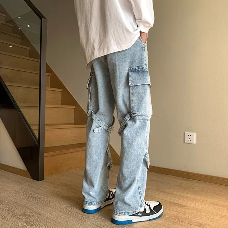 Men's Wear Vintage Hip Hop Loose Bandage Zipper Cargo Pants Versatile Temperament Straight Cylinder Jeans 2022 Winter New Female