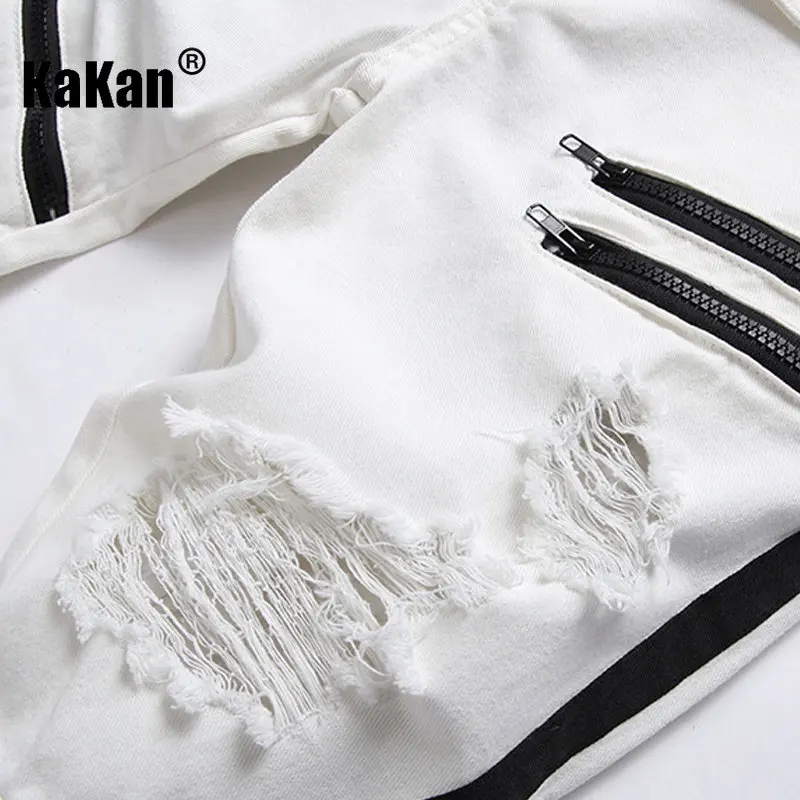Kakan - European and American New White Red Torn Jeans for Men, Elastic High Street Trend Zipper Straight Length Jeans K36-222