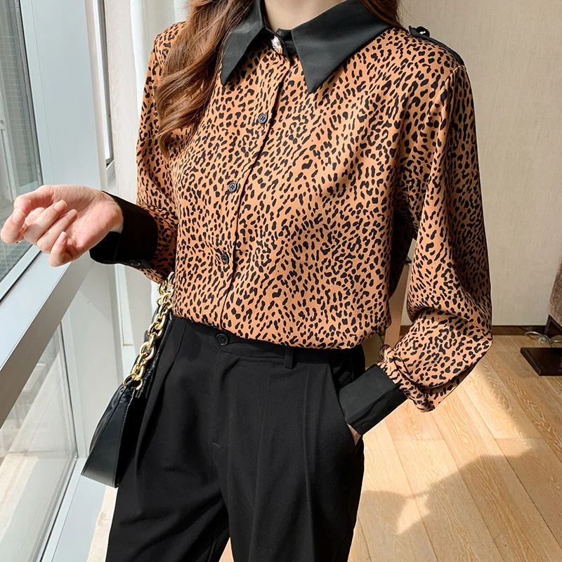 

Chiffon Loose Women's Shirt Casual Long Sleeve New Fashion Blouses Leopard Printing Polo Top Spring Korean Style Female Clothing