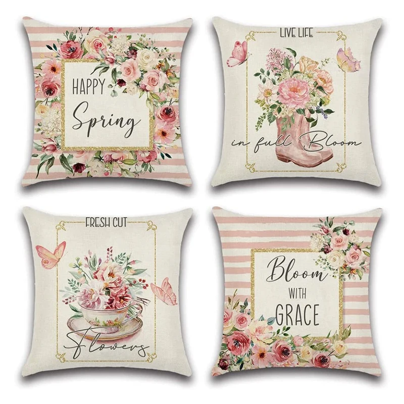 

4Pcs Spring Flower Pillow Covers Modern Sofa Throw Pillow Cover, Decorative Outdoor Linen Fabric Pillow Case 18X18 Inch