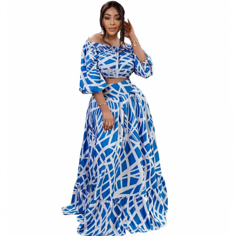 

Комплект из двух предметов, юбка, платье, женский короткий топ с вырезом лодочкой и пышными рукавами, летний модный принт, уличный стиль, сек...