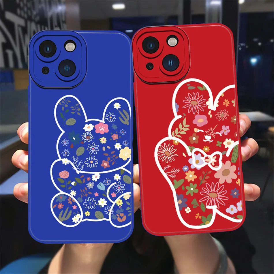 

Cute Spring Flower Bear Phone Case For iPhone 13 12 11 Pro Max XS Max X XR 7 8 Plus 13Mini Art rabbit Case Lens Protection Cover