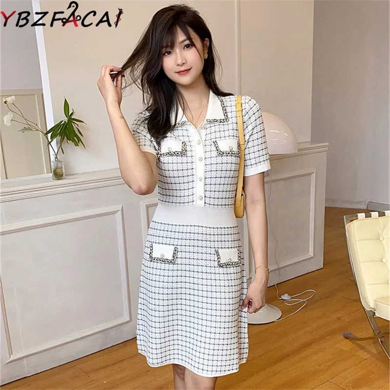 

French Vintage Black White Check Lapel Short Sleeve Knit Dress Korean Fashion Elegant 2022 New Slim Knitted Dress WomenCasual