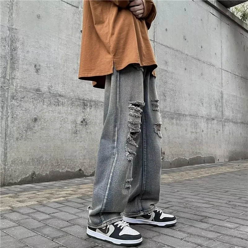 Summer Ripped Baggy Jeans Men Fashion Retro Straight Jeans Men Japanese Streetwear Hip Hop Loose Hole Denim Pants Mens Trousers