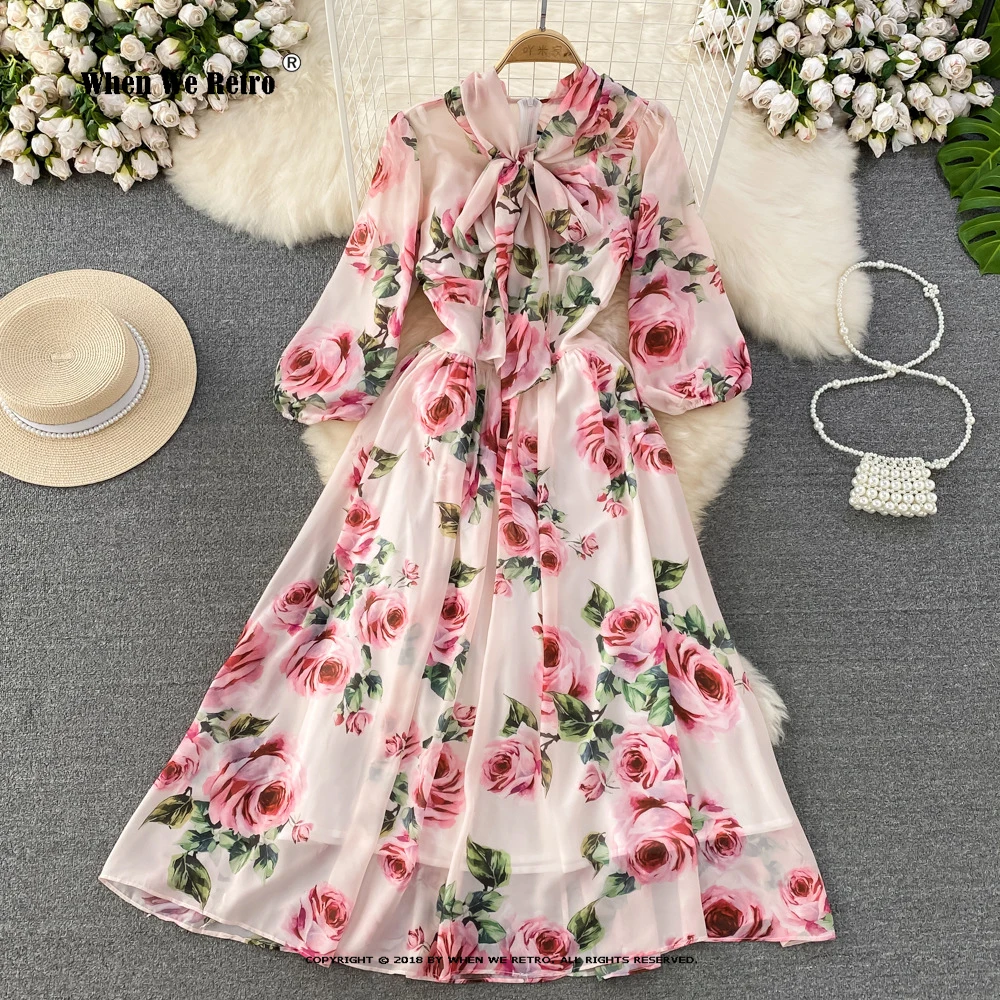 Spring Summer Fashion Designer Dress Women Dress Bow Collar Rose Floral-Print Elegant Vacation Chiffon Dresses VP0206