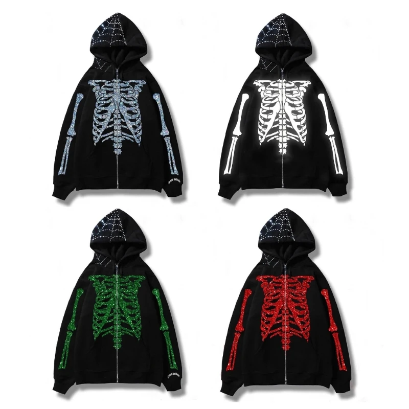 

Женский и мужской свитшот на молнии с принтом в виде скелета
