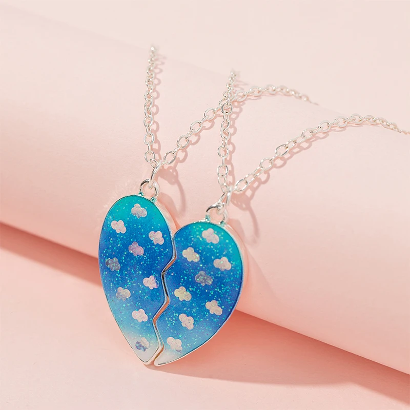 

2Pcs/set Glitter Blue Sky Cloud Heart Pendant Best Friend Girls Necklace for Kids Friendship Jewelry Gifts