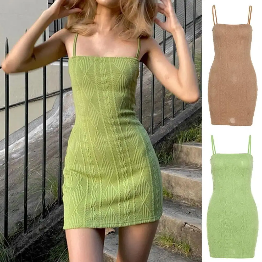

Women Fashion Elegant Streetwear Dress Solid Color Knitted Bodycon Spaghetti Strap Tight Waist Club Dress Clubwear Lady Vestidos